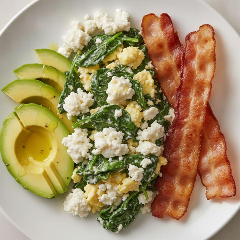 Cottage Cheese Scramble with Spinach and Turkey Bacon
