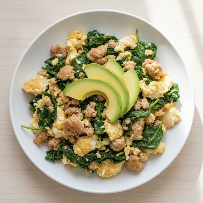 Egg White and Turkey Sausage Scramble with Sautéed Spinach