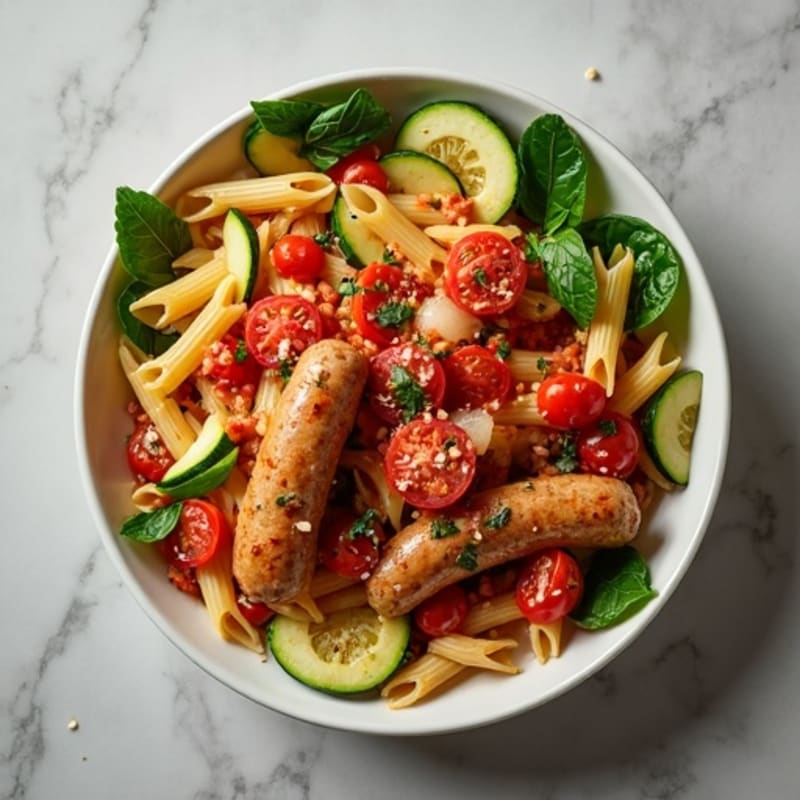 Lean Sausage Ragu with Whole Wheat Pasta and Fresh Vegetables
