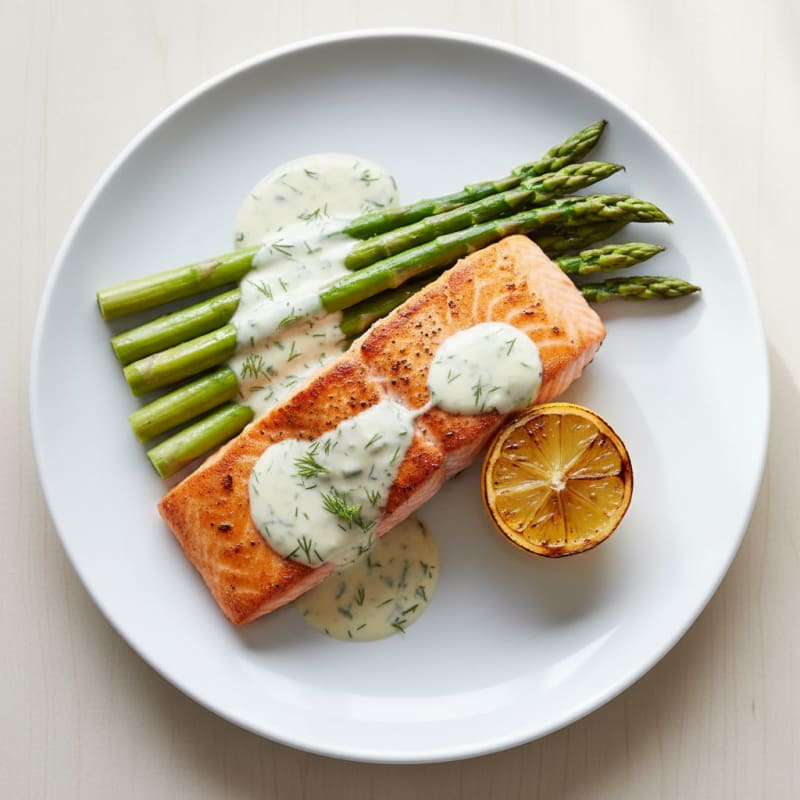 Seared Salmon Fillet with Steamed Asparagus and Lemon-Dill Greek Yogurt Sauce