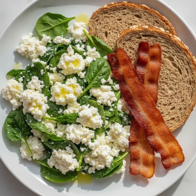 Cottage Cheese Egg White Scramble with Spinach and Turkey Bacon