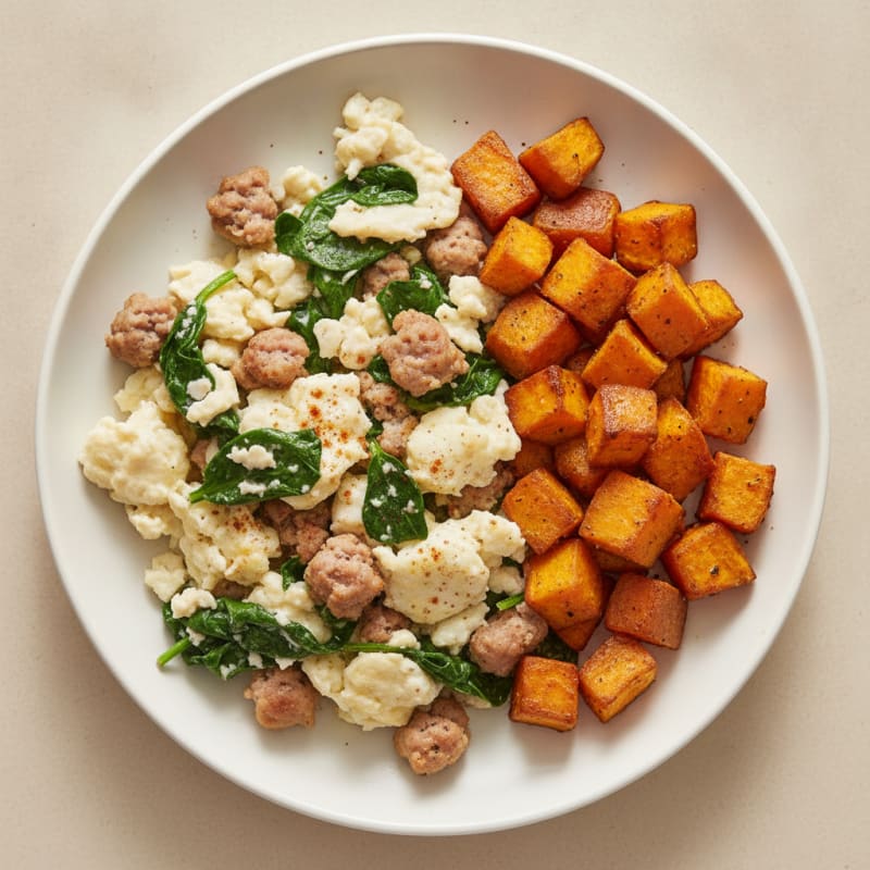 Egg White and Turkey Sausage Scramble with Spinach and Roasted Sweet Potatoes
