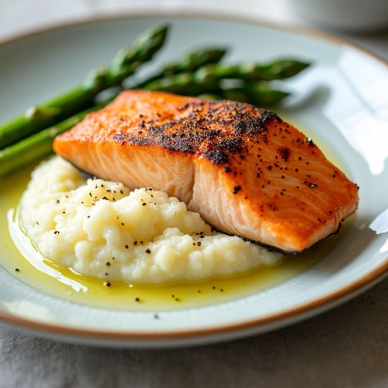 Seared Salmon with Steamed Asparagus and Cauliflower Mash