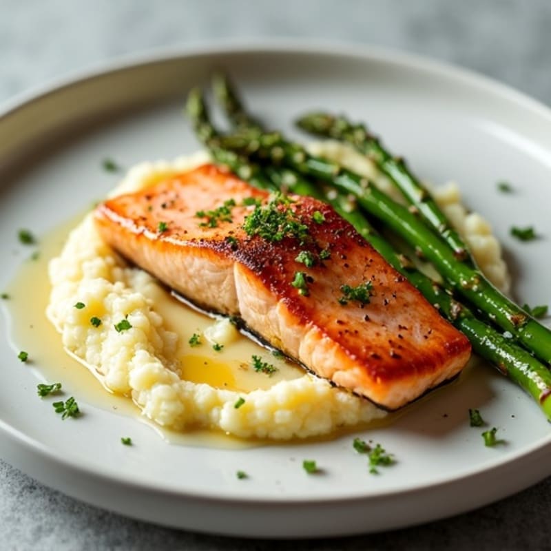Seared Salmon with Roasted Asparagus and Cauliflower Mash