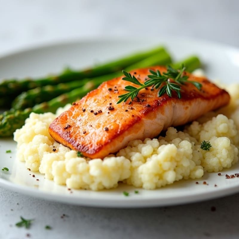 Seared Salmon with Steamed Asparagus and Garlic Mashed Cauliflower