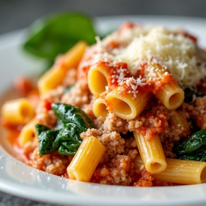 Crispy Baked Ziti with Lean Ground Turkey, Spinach, and Ricotta