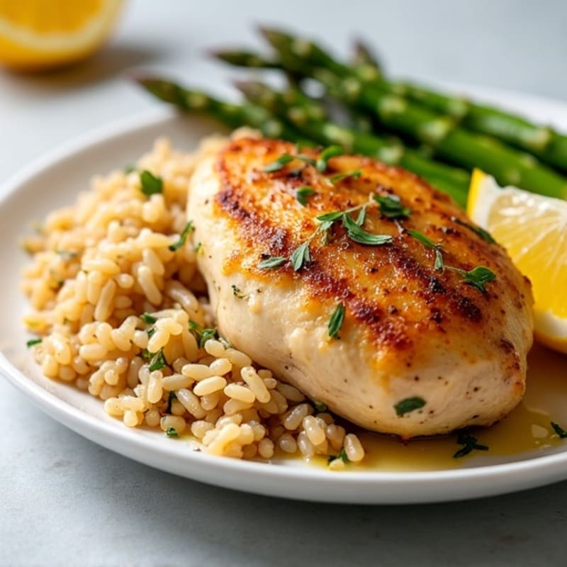Lemon Herb Roasted Chicken with Fluffy Brown Rice and Roasted Asparagus