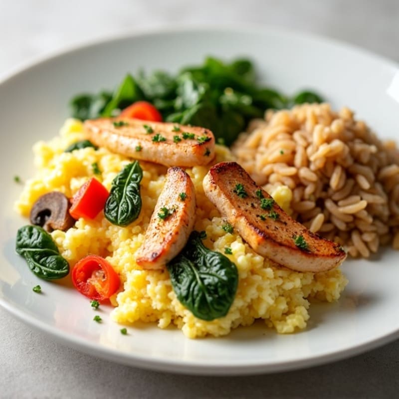 Egg White Veggie Scramble with Seared Turkey Breast & Brown Rice