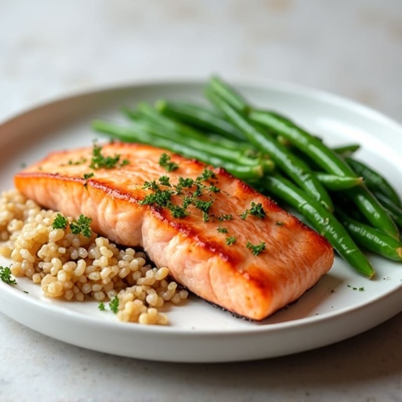 Seared Salmon with Steamed Green Beans and Brown Rice