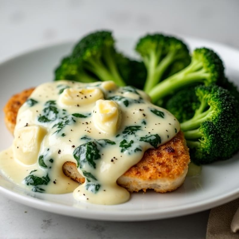 Creamy Spinach Artichoke Chicken with Roasted Broccoli