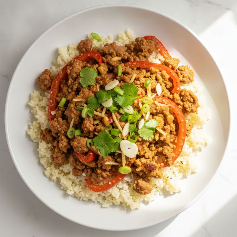 Spicy Ground Beef Cauliflower Rice Bowl