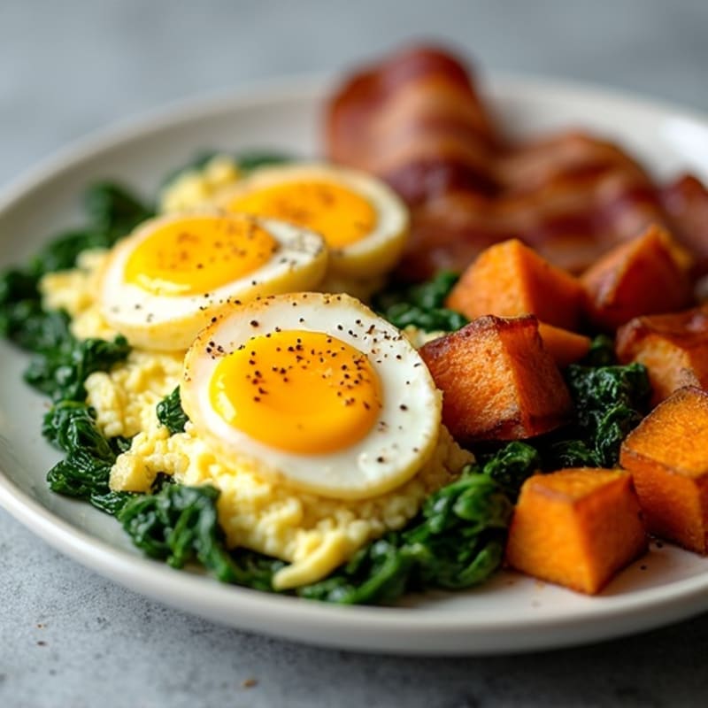 Fluffy Scrambled Eggs with Sautéed Spinach and Roasted Sweet Potato Hash