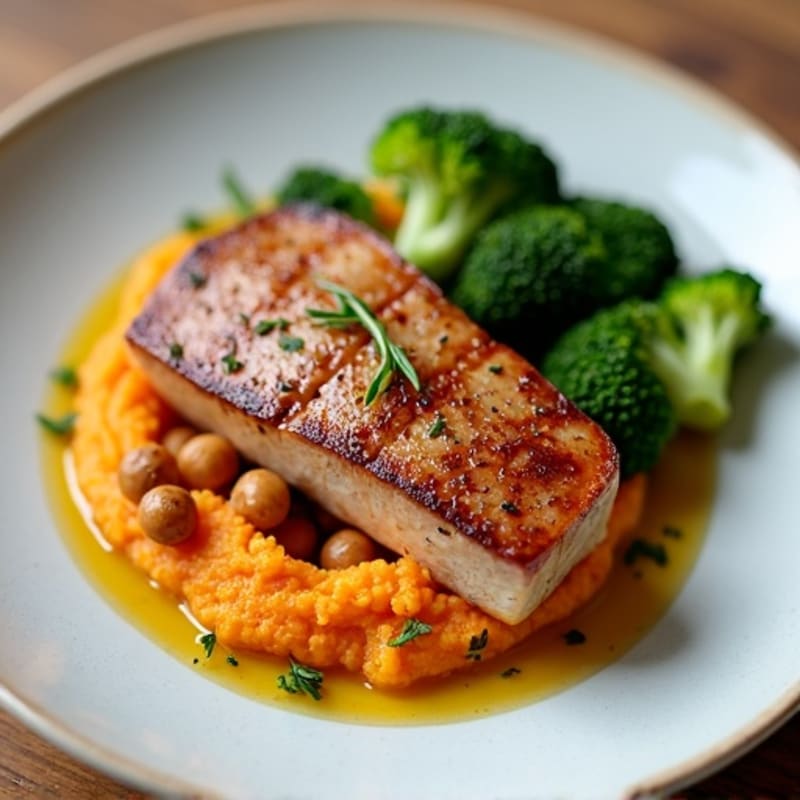 Seared Tuna Steak with Steamed Broccoli, Sweet Potato Mash & Roasted Chickpeas