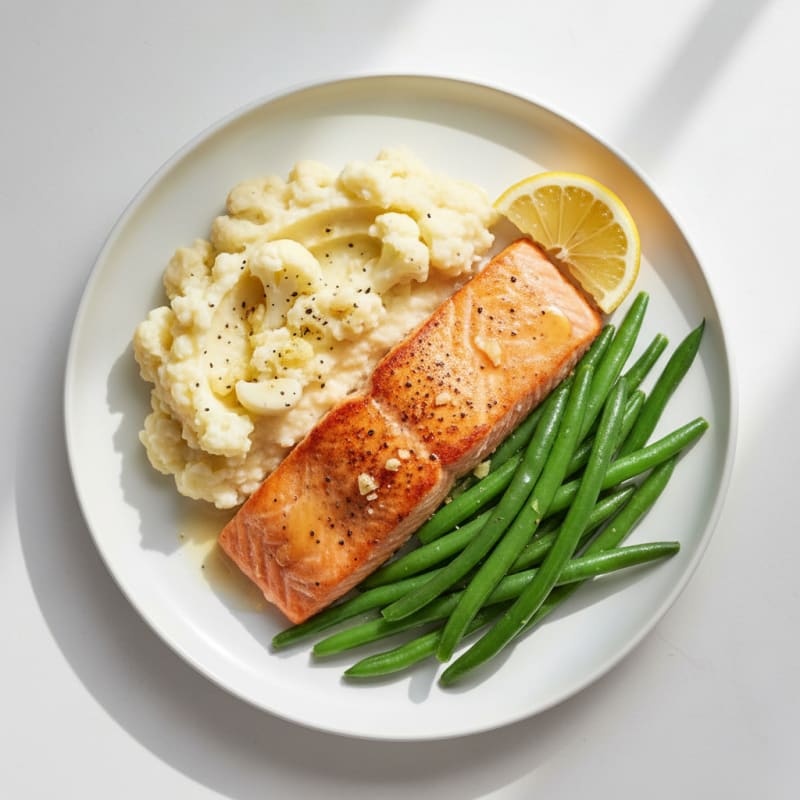 Seared Salmon with Steamed Green Beans and Garlic Mashed Cauliflower