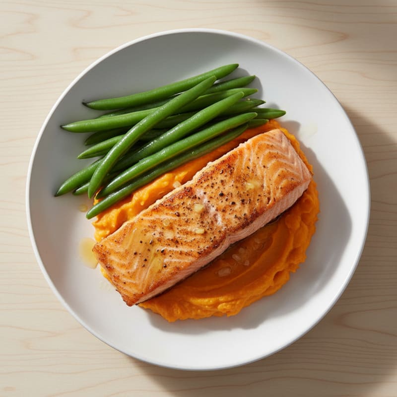 Seared Salmon with Steamed Green Beans and Sweet Potato Mash