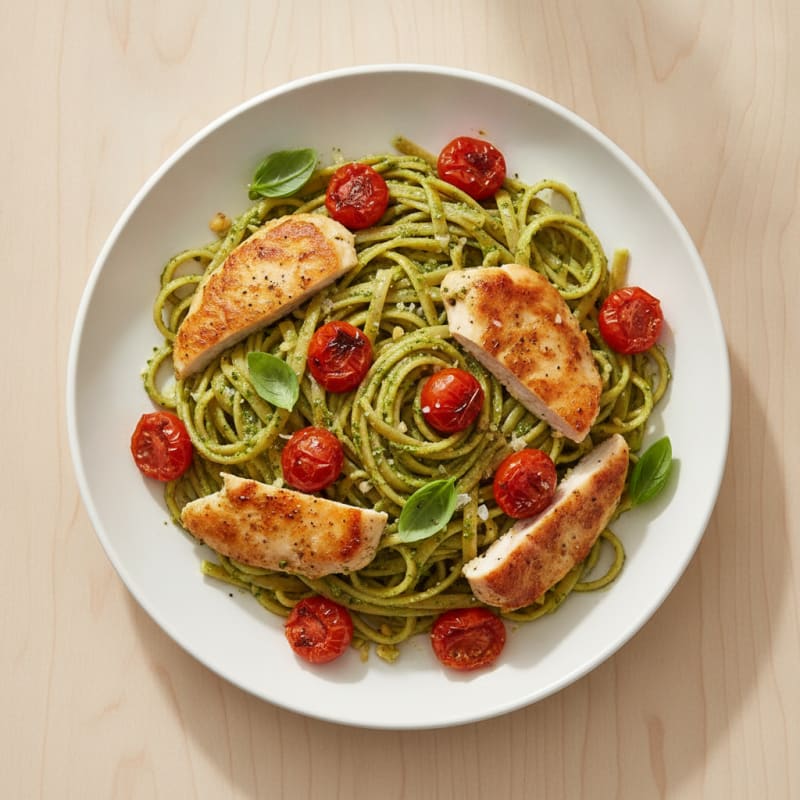 Pesto Chicken Linguine with Roasted Tomatoes