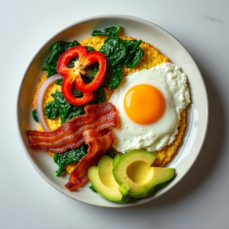 Egg White Veggie Scramble with Cottage Cheese and Turkey Bacon