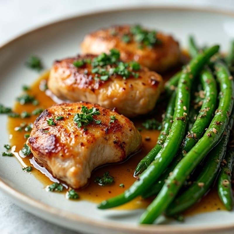 Pan-Seared Chicken with Roasted Garlic Butter Mushrooms and Crispy Green Beans
