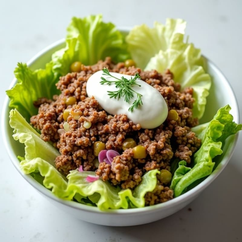 Lean Ground Beef and Crispy Lettuce Bowl with Creamy Dill Pickle Dressing
