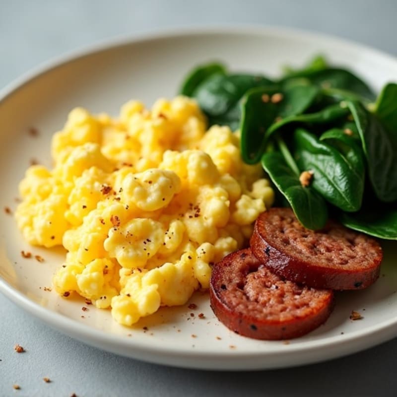 Fluffy Scrambled Eggs with Sautéed Spinach and Lean Turkey Sausage