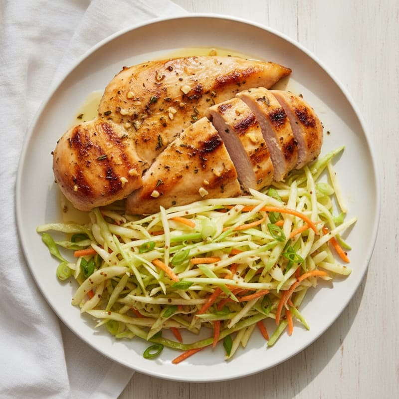 Grilled Chicken Breast over Crunchy Cabbage Slaw