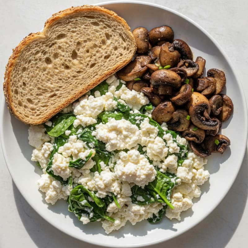 Egg White Spinach Scramble with Cottage Cheese and Sautéed Mushrooms