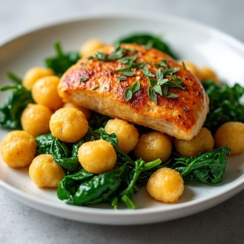 Sweet Potato Gnocchi with Seared Chicken and Garlicky Spinach
