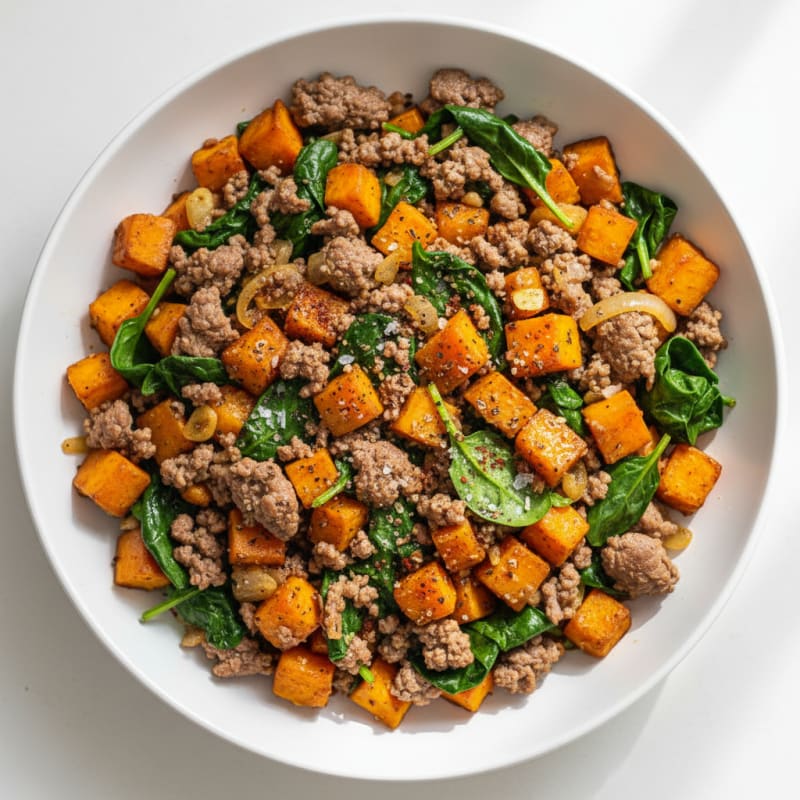 Ground Beef Skillet with Sweet Potatoes and Spinach