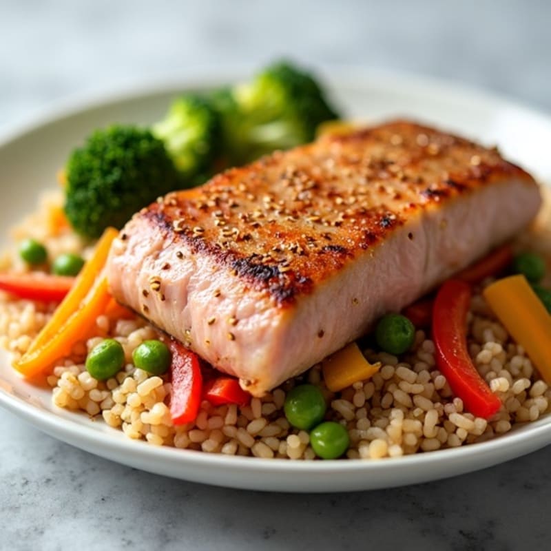 Fresh Sesame-Ginger Marinated Tuna with Brown Rice and Crispy Vegetables