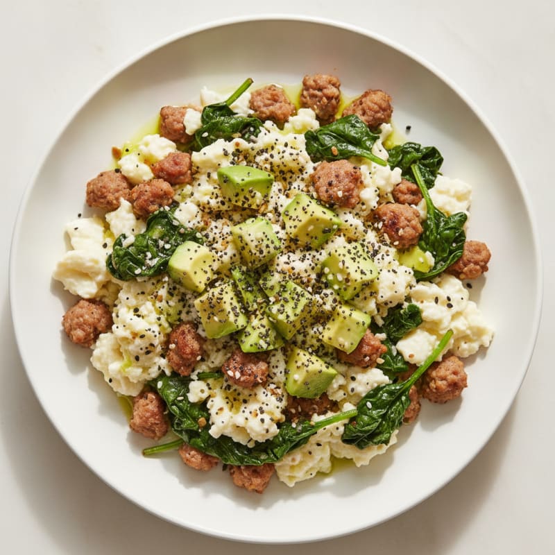 Egg White and Turkey Sausage Scramble with Sautéed Spinach
