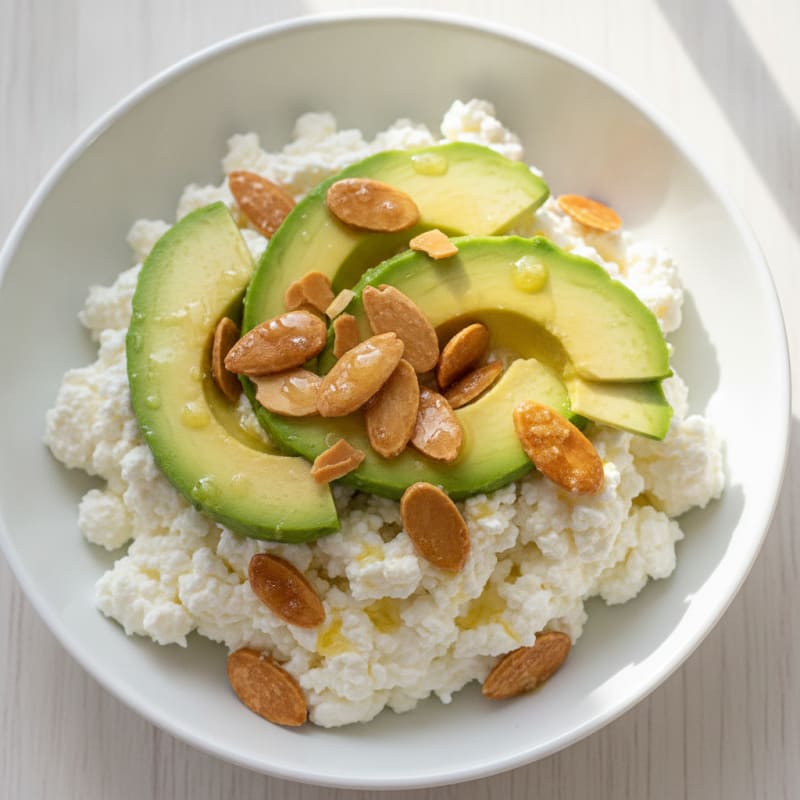 Cottage Cheese Protein Bowl with Sliced Avocado and Buttered Almonds