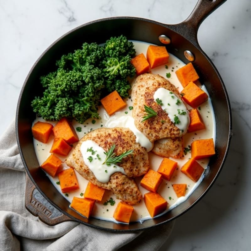 Creamy Chicken and Sweet Potato Skillet with Crispy Kale