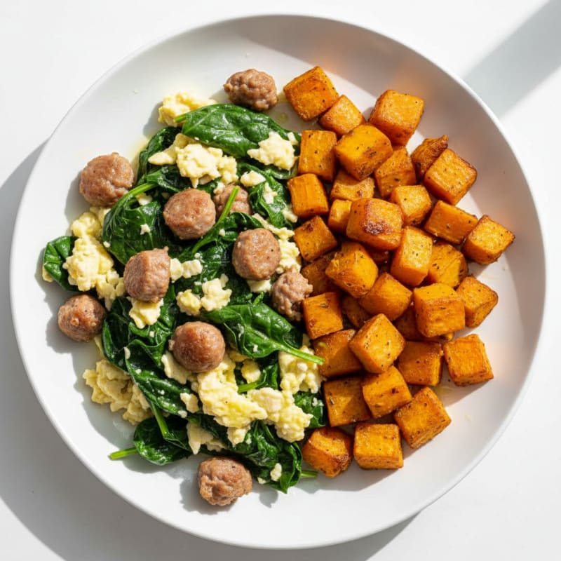 Egg White and Turkey Sausage Scramble with Spinach and Roasted Sweet Potato