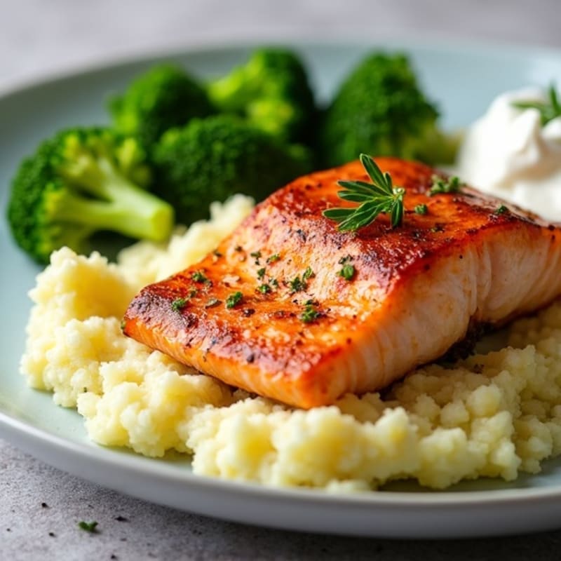 Seared Salmon with Steamed Broccoli and Garlic Mashed Potatoes