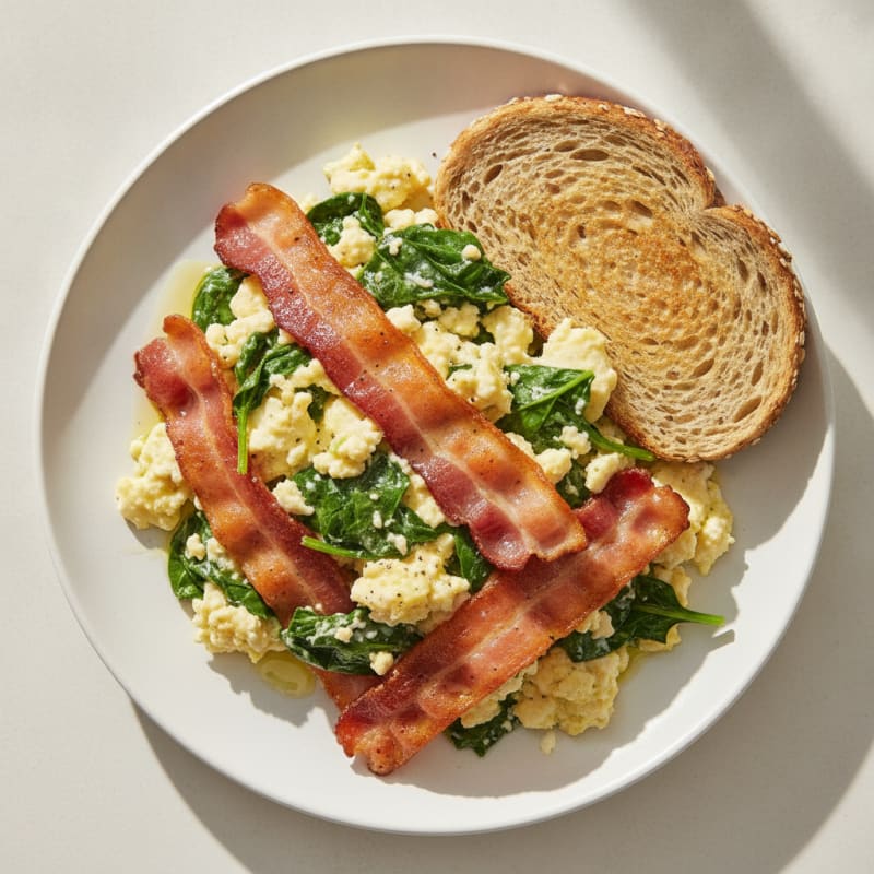 Cottage Cheese Egg Scramble with Spinach and Turkey Bacon