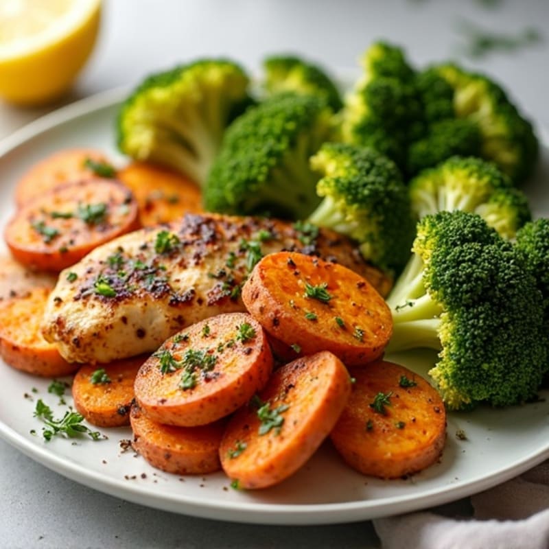 Lemon Herb Roasted Chicken with Crispy Sweet Potatoes and Broccoli