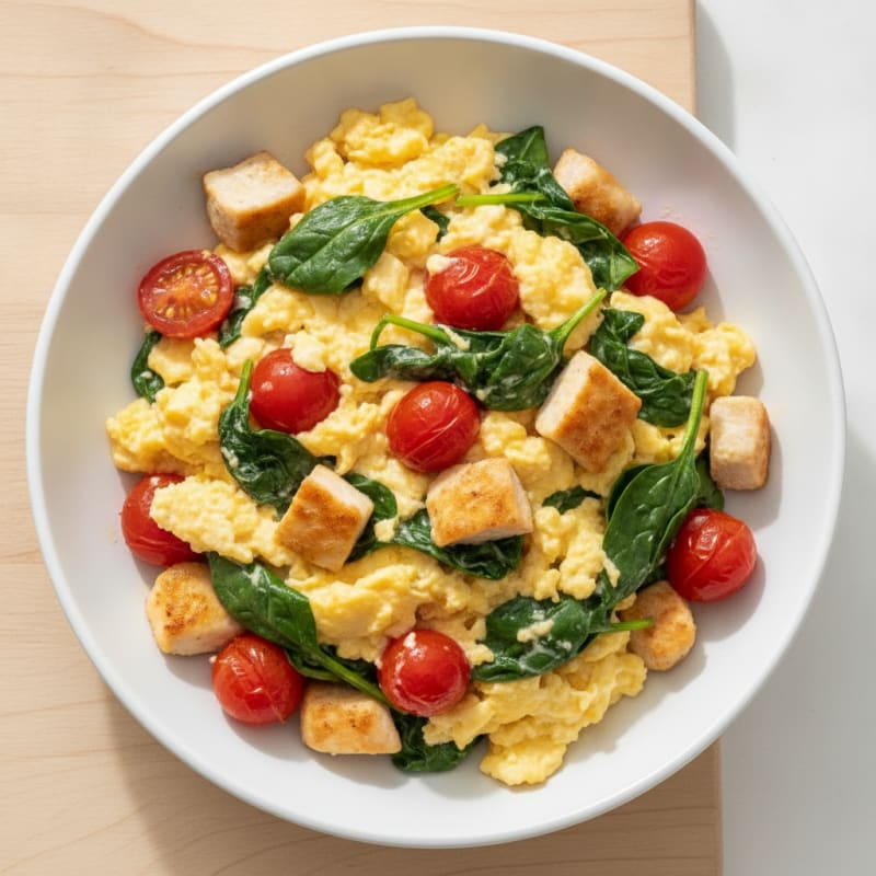 Scrambled Eggs with Sautéed Spinach and Tomatoes