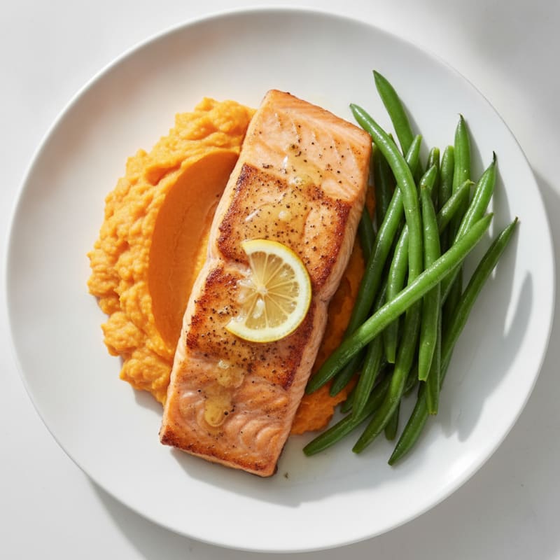 Seared Salmon Fillet with Steamed Green Beans and Sweet Potato Mash