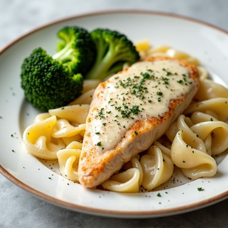 Healthy Creamy Chicken Alfredo with Roasted Broccoli