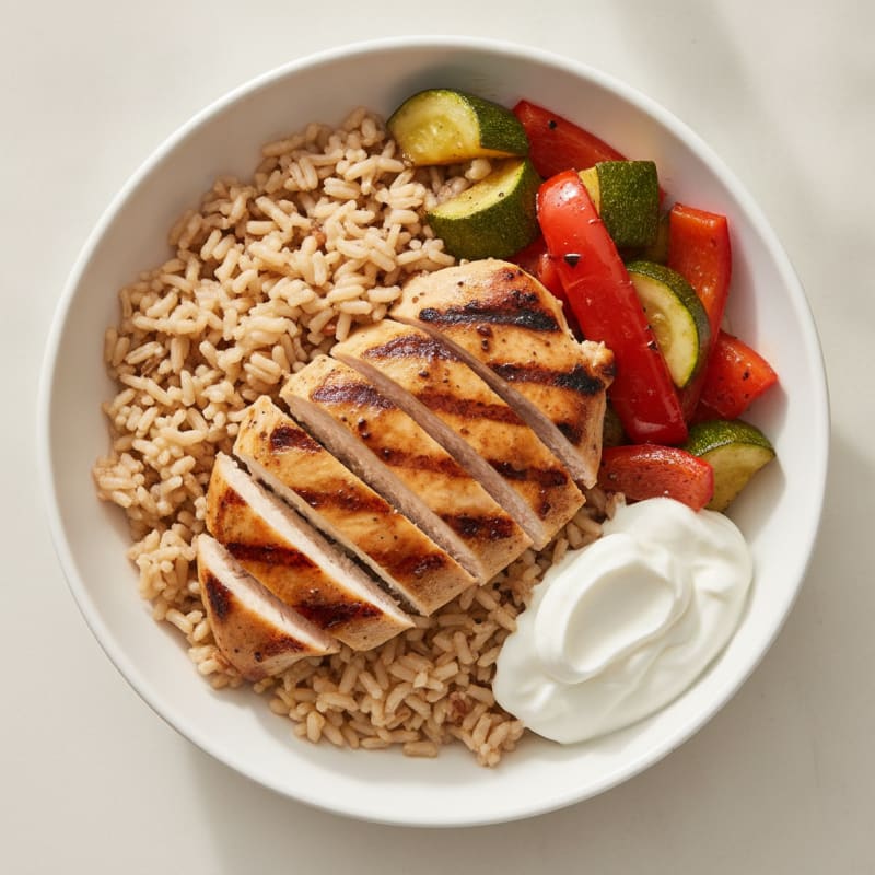Grilled Chicken and Rice Bowl with Roasted Vegetables