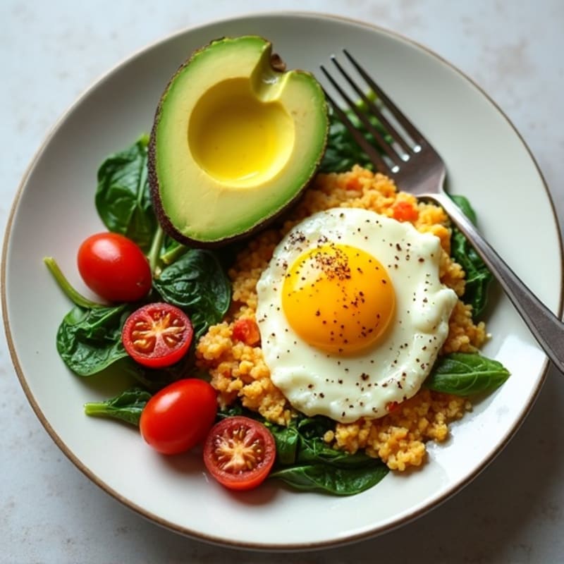 Egg White and Spinach Scramble with Cottage Cheese, Cherry Tomatoes, and Avocado