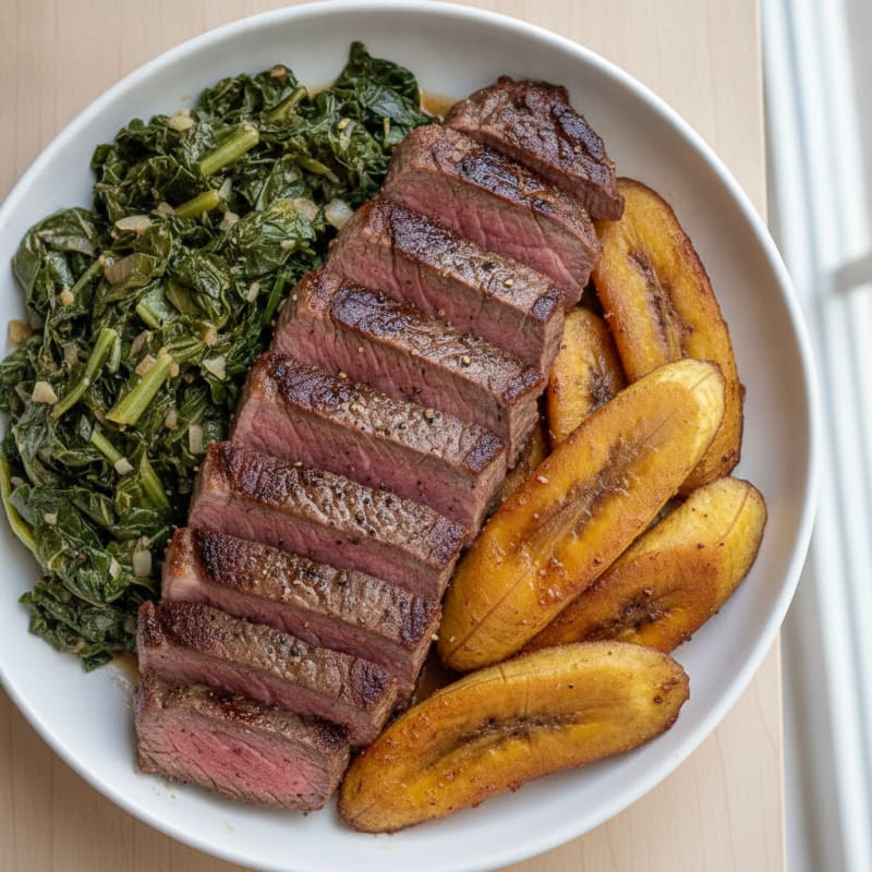 Pan-Seared Steak with Stewed Greens & Plantains