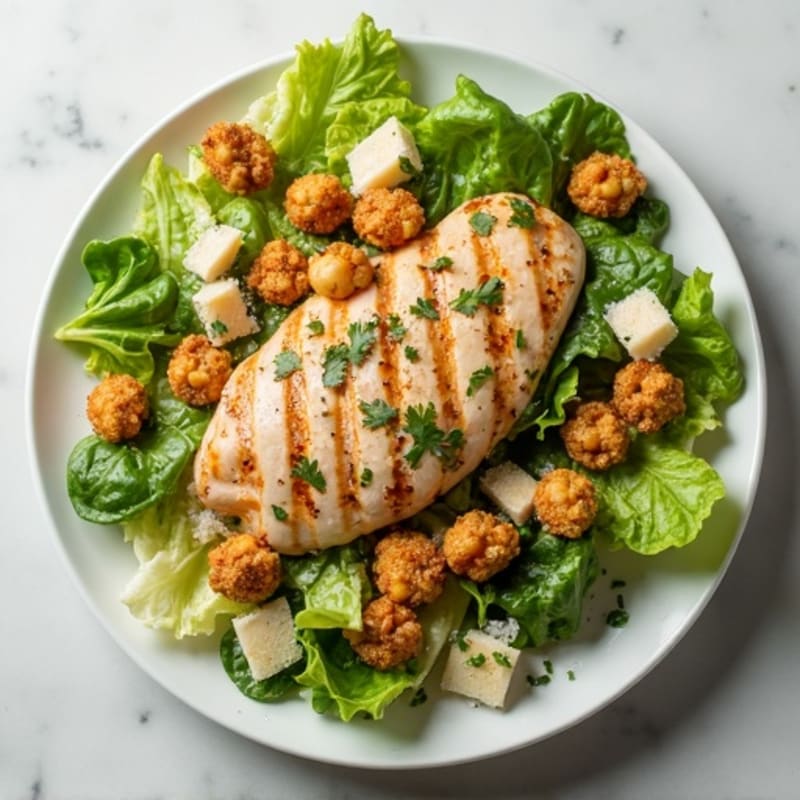 Herb-Grilled Chicken Caesar with Crispy Chickpea Croutons