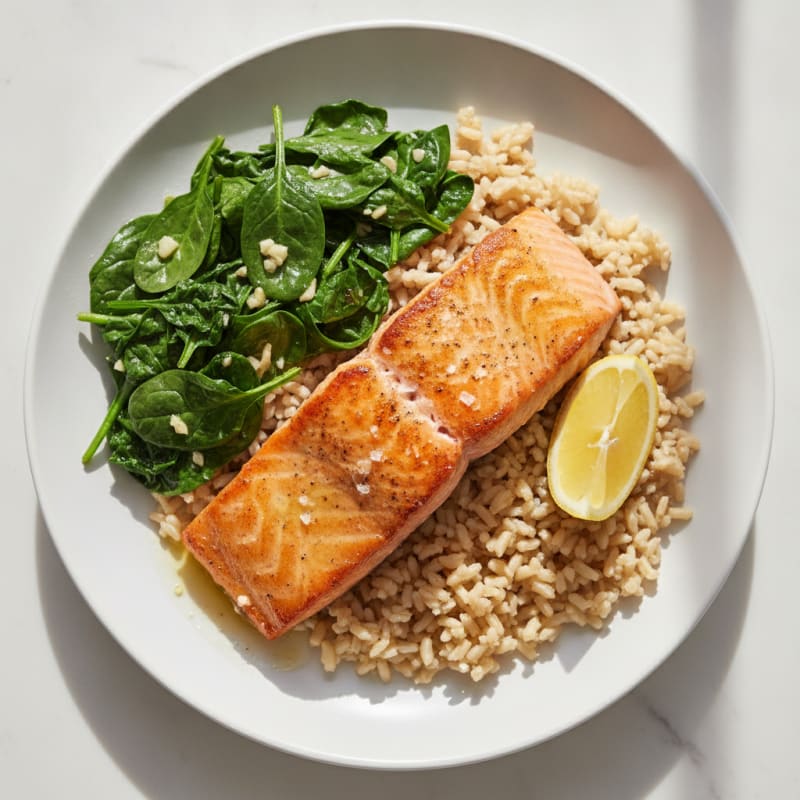 Seared Salmon with Garlic Spinach and Brown Rice