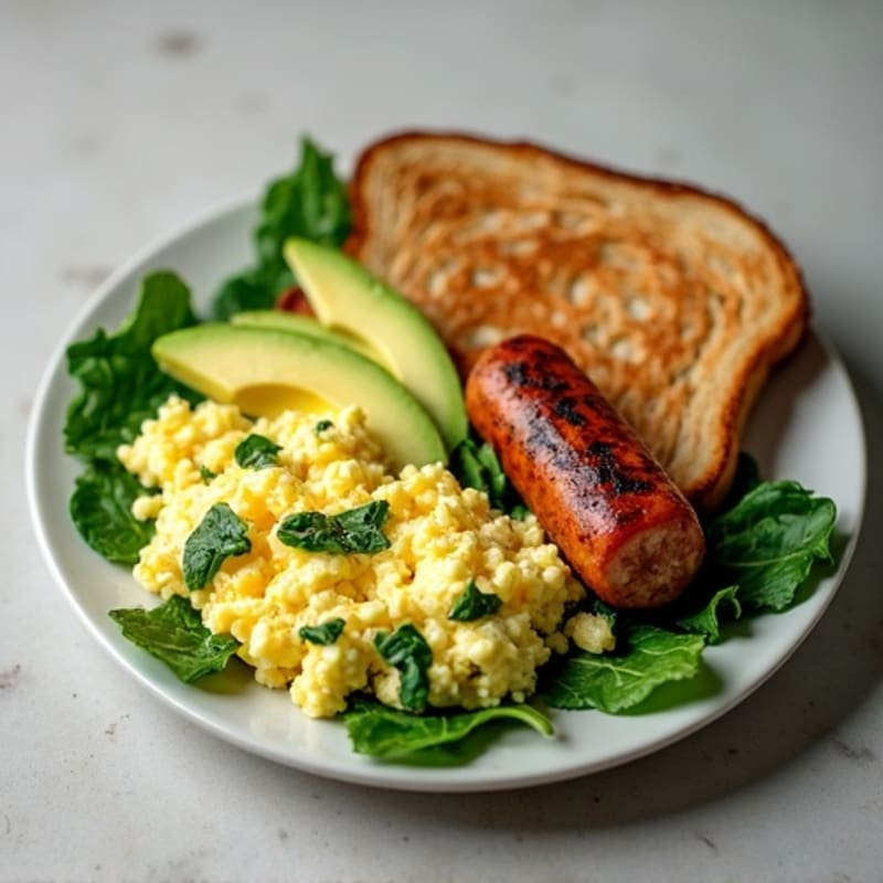 Egg White and Spinach Scramble with Turkey Sausage, Toast & Avocado