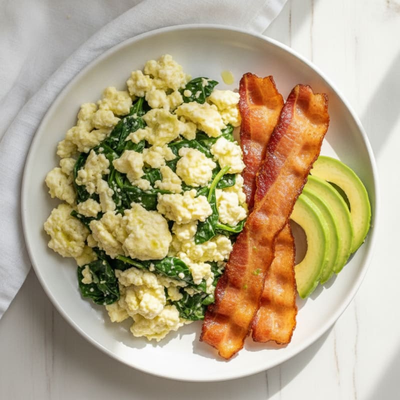 Cottage Cheese and Egg Scramble with Spinach and Turkey Bacon