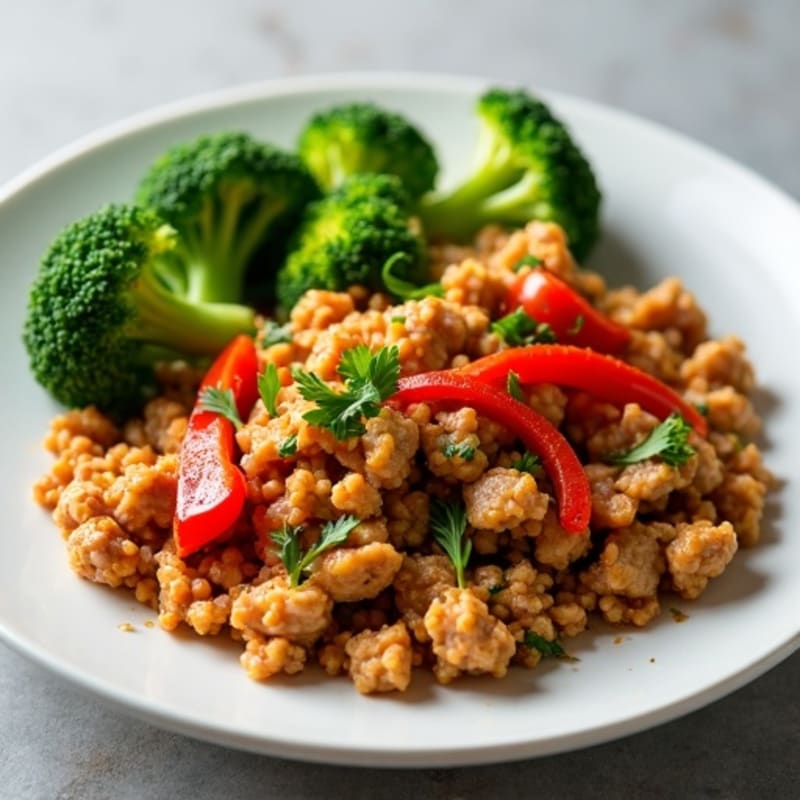 Ground Chicken Stir-Fry with Steamed Broccoli and Bell Peppers