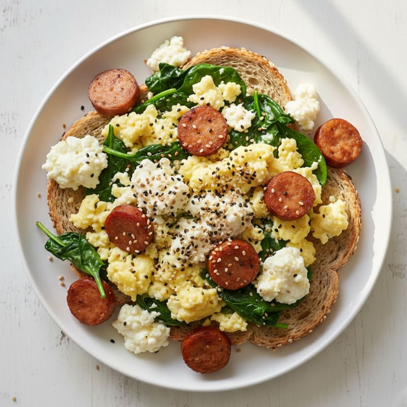 Cottage Cheese Scramble with Spinach and Chicken Sausage