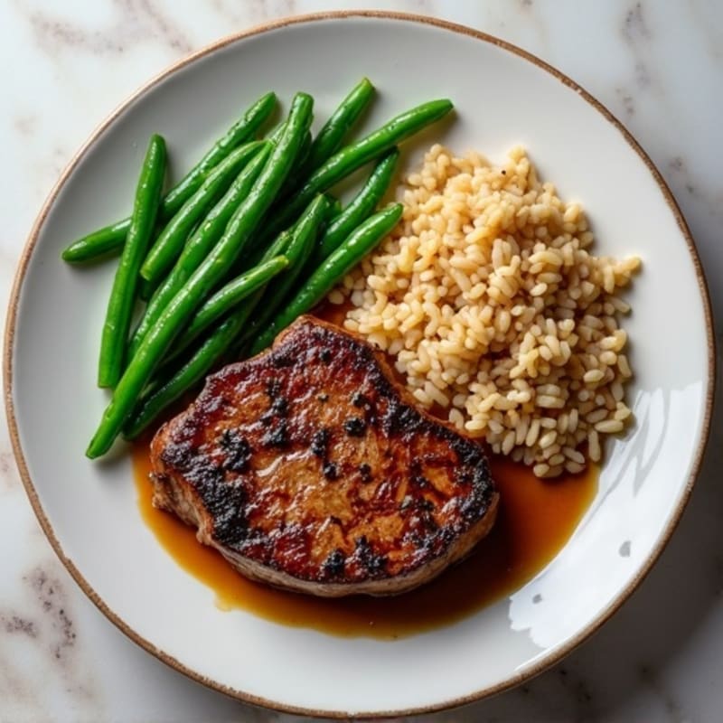 Seared Steak with Garlic Green Beans and Brown Rice