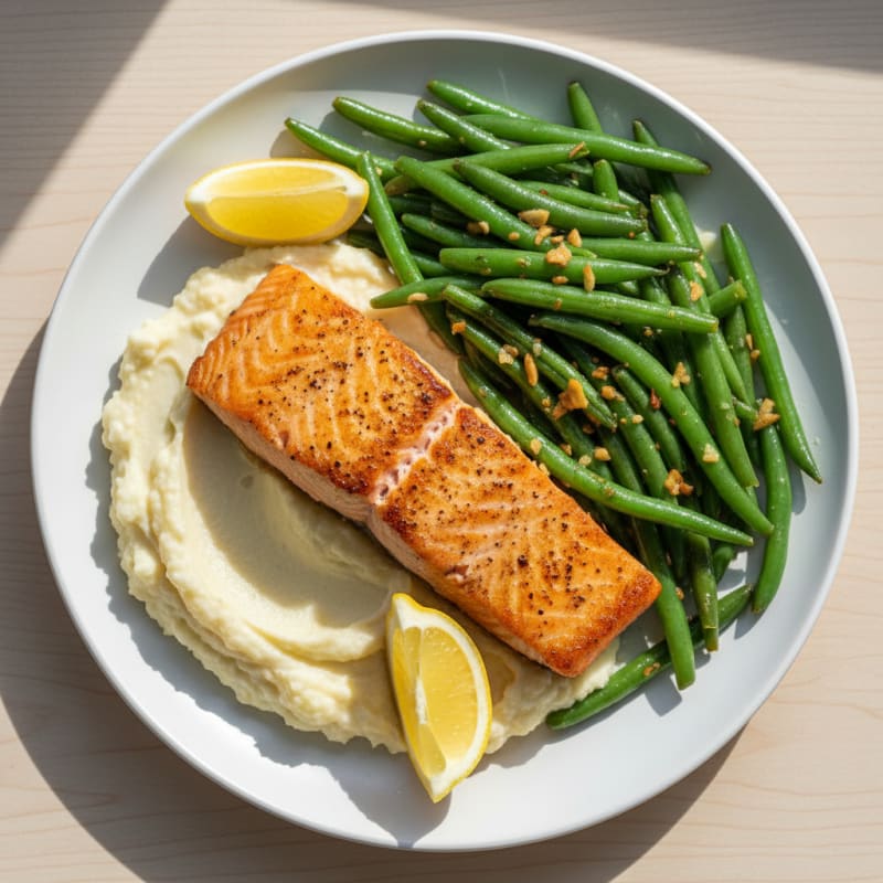 Seared Salmon with Garlic Green Beans and Cauliflower Mash
